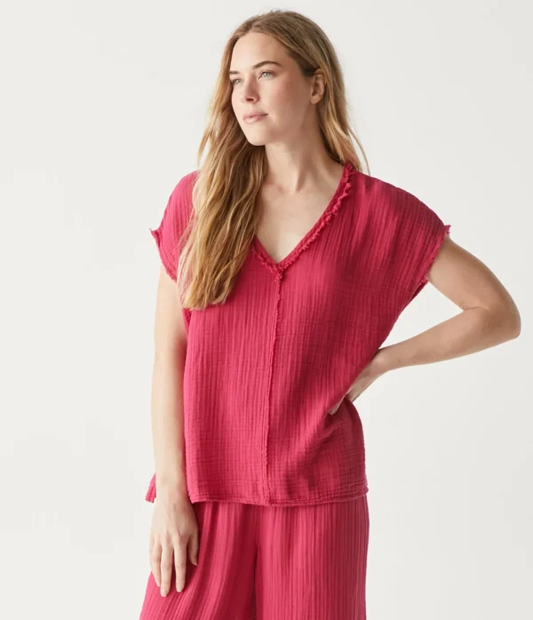 Michael Stars Draya Gauze V-Neck Top- Tops, Blouses & Shirts
