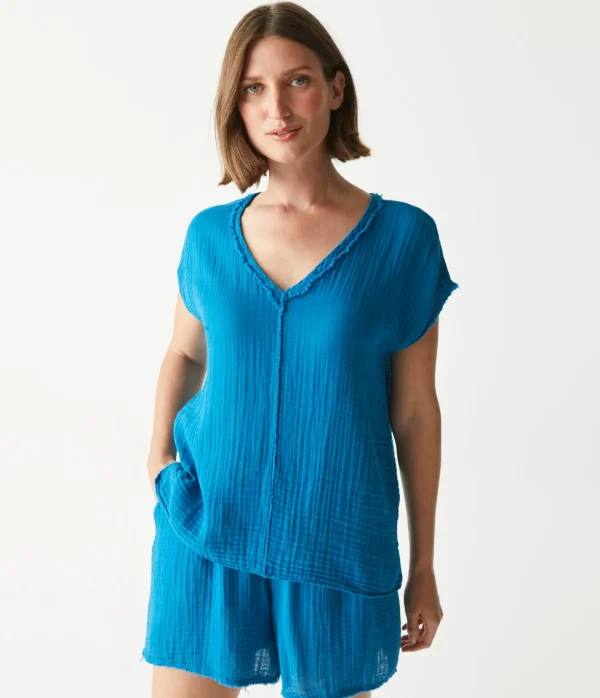 Michael Stars Draya Gauze V-Neck Top- Tops, Blouses & Shirts