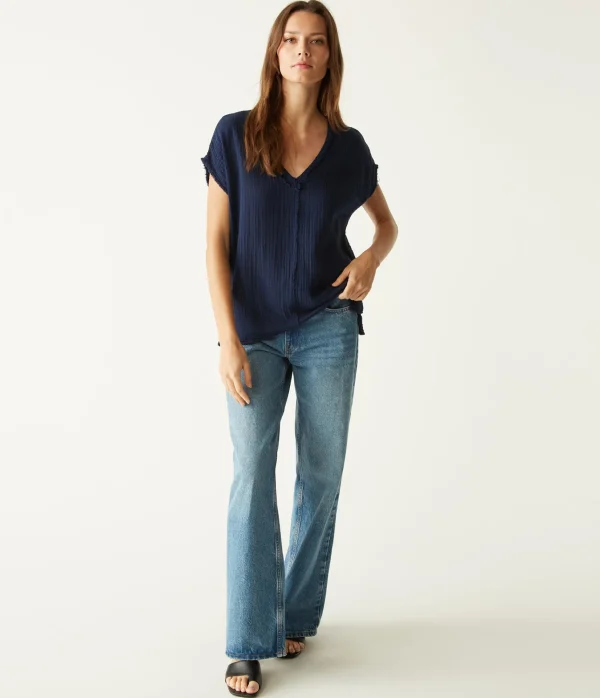 Michael Stars Draya Gauze V-Neck Top- Tops, Blouses & Shirts