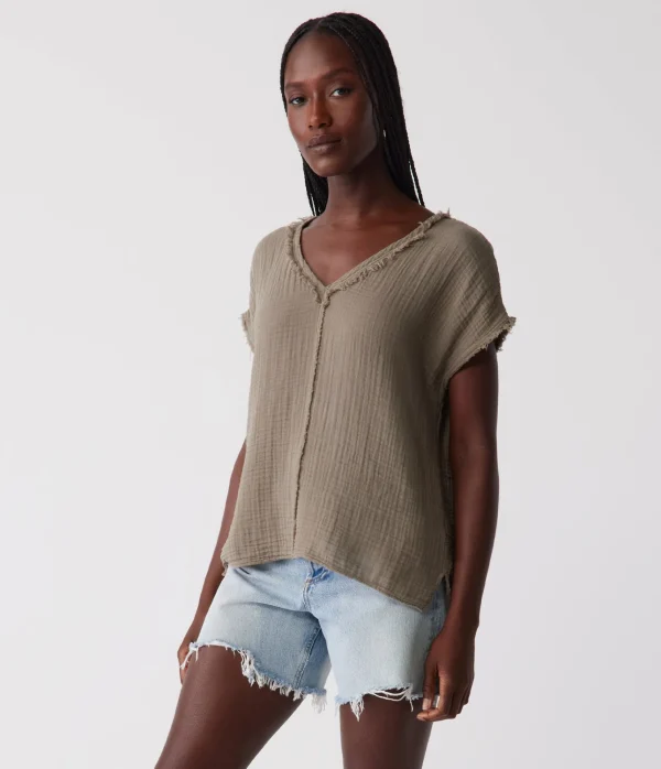 Michael Stars Draya Gauze V-Neck Top- Tops, Blouses & Shirts