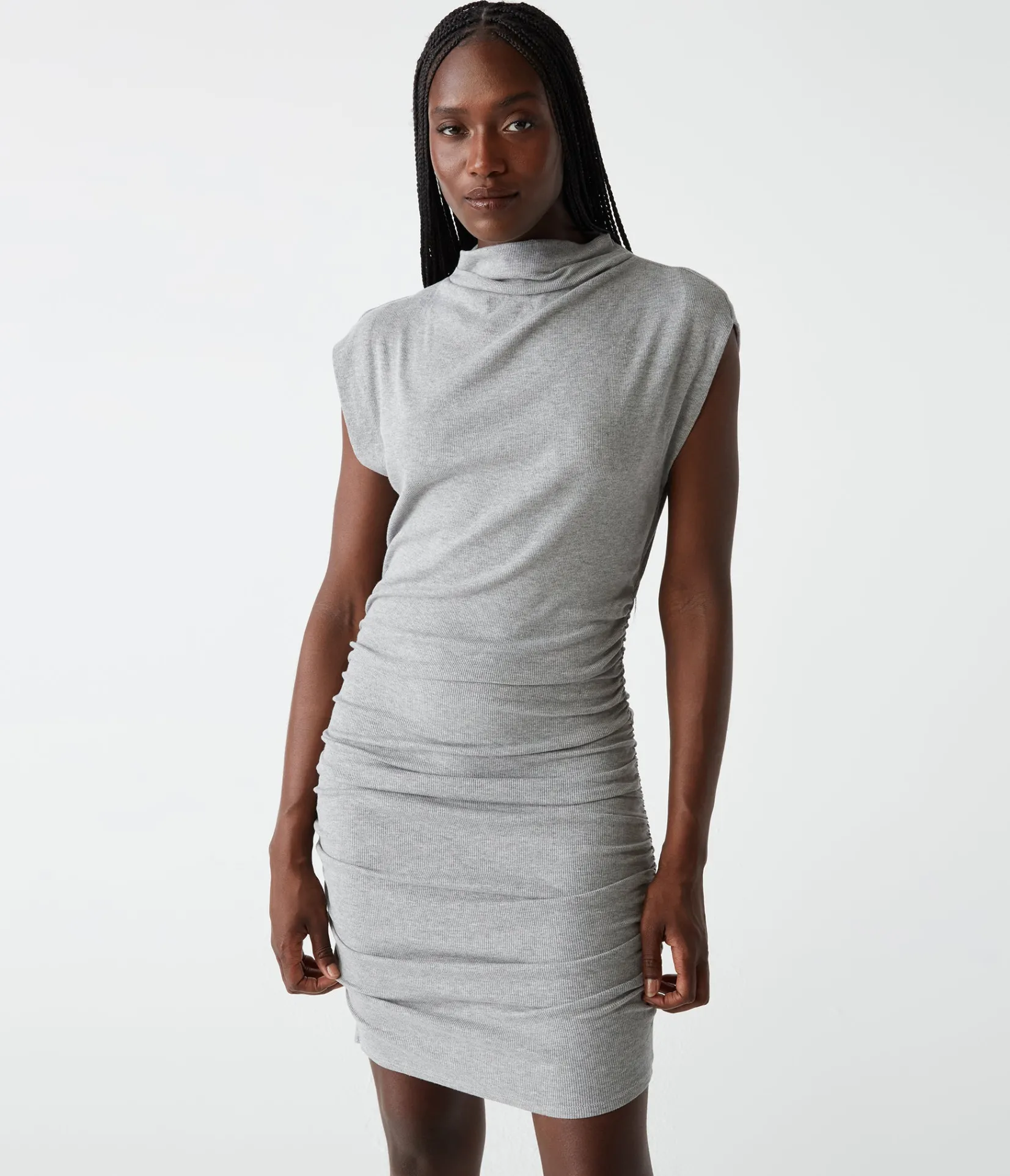 gia_ribbed_power_shoulder_dress_0.webp Michael Stars Gia Ribbed Power Shoulder Dress- Dresses | Knee Length Dresses