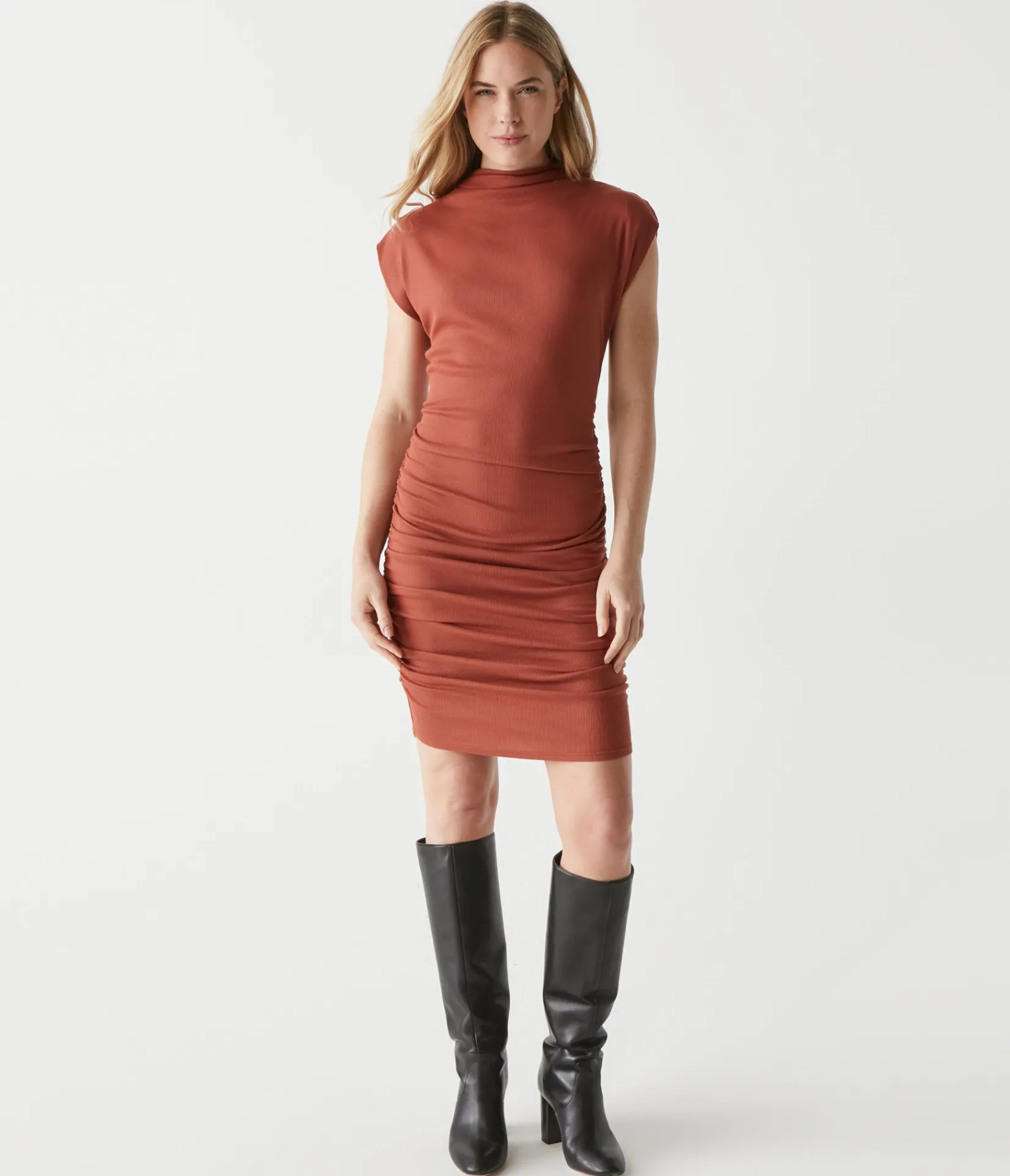 gia_ribbed_power_shoulder_dress_41.webp Michael Stars Gia Ribbed Power Shoulder Dress- Dresses | Knee Length Dresses