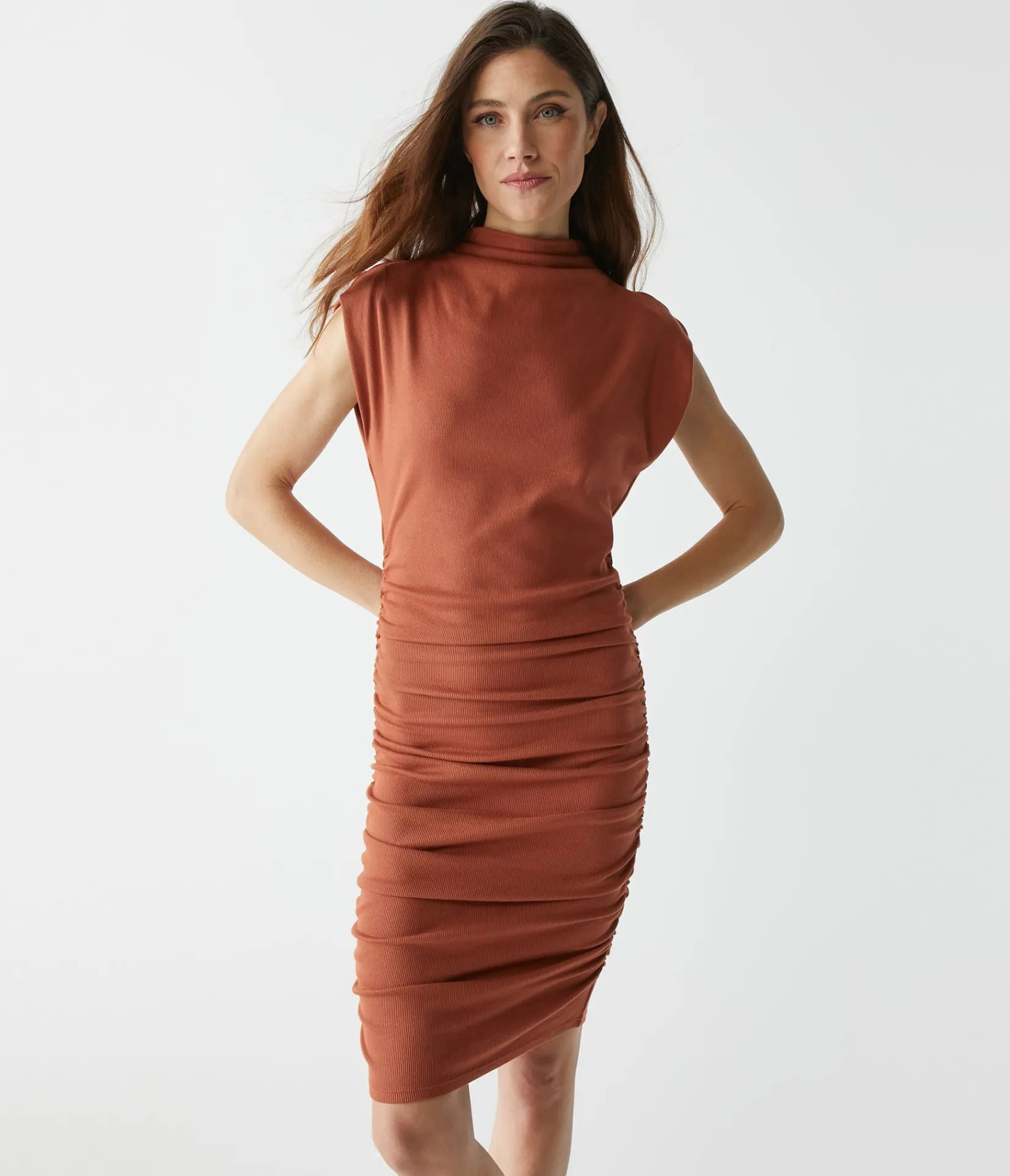 gia_ribbed_power_shoulder_dress_44.webp Michael Stars Gia Ribbed Power Shoulder Dress- Dresses | Knee Length Dresses
