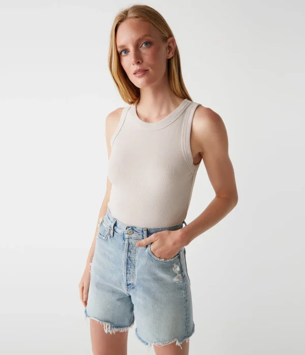 Michael Stars Halley Ribbed Tank with Ruching- Tank Tops | Ultra Rib T-Shirts