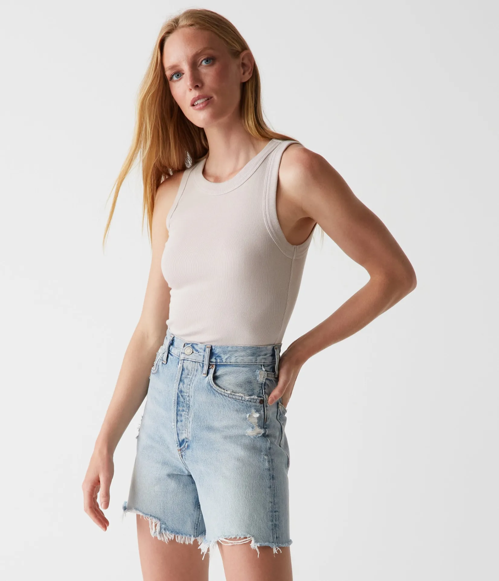 halley_ribbed_tank_with_ruching_110.webp Michael Stars Halley Ribbed Tank with Ruching- Tank Tops | Ultra Rib T-Shirts
