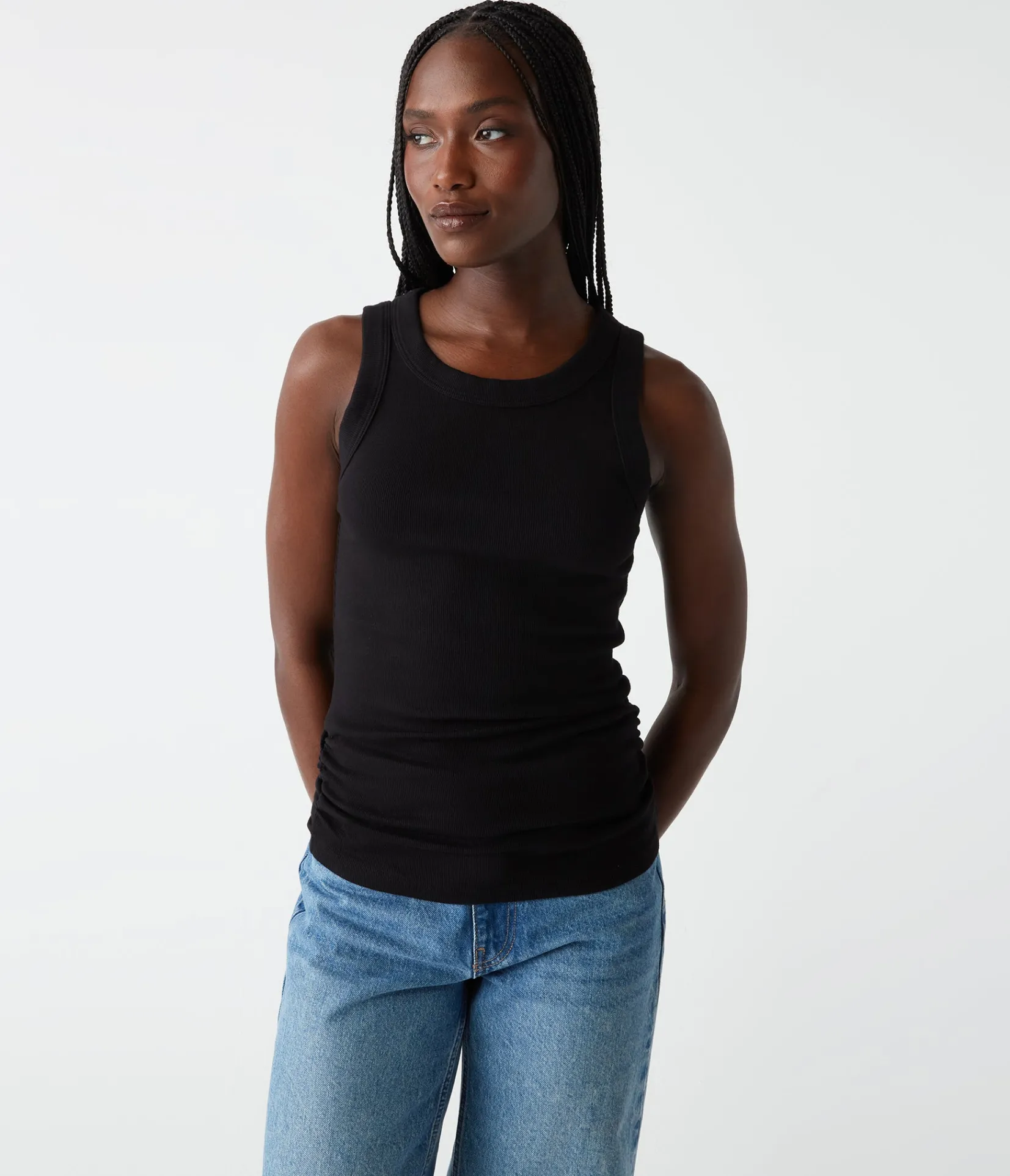 halley_ribbed_tank_with_ruching_122.webp Michael Stars Halley Ribbed Tank with Ruching- Tank Tops | Ultra Rib T-Shirts