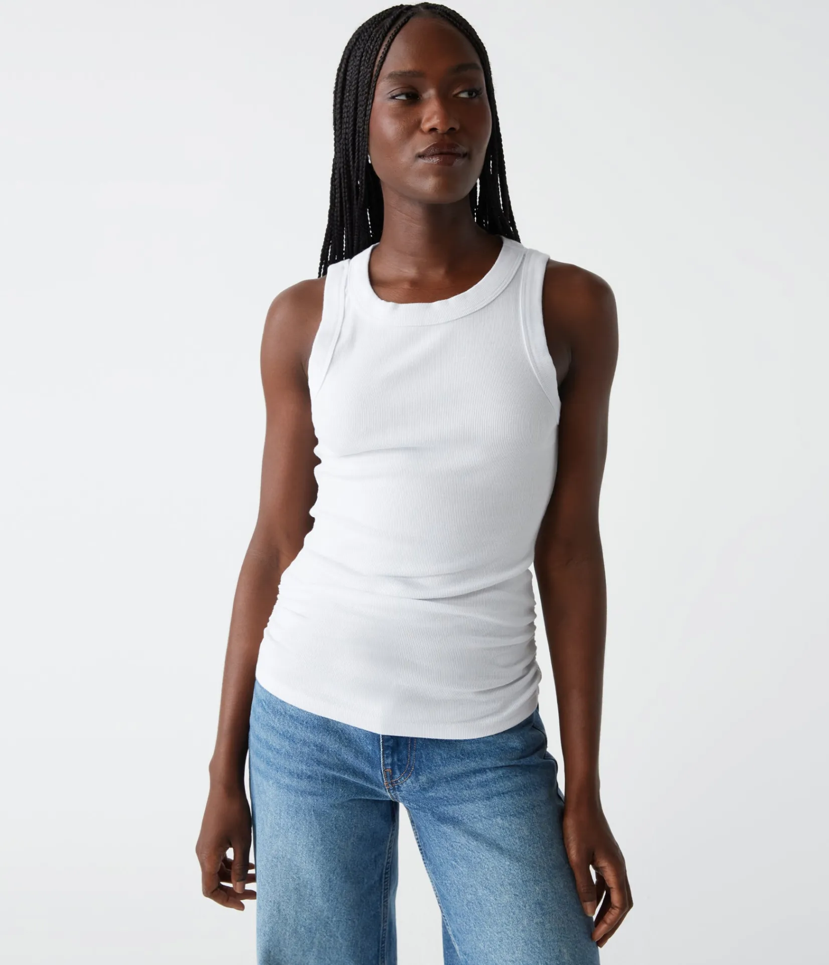 halley_ribbed_tank_with_ruching_4.webp Michael Stars Halley Ribbed Tank with Ruching- Tank Tops | Ultra Rib T-Shirts