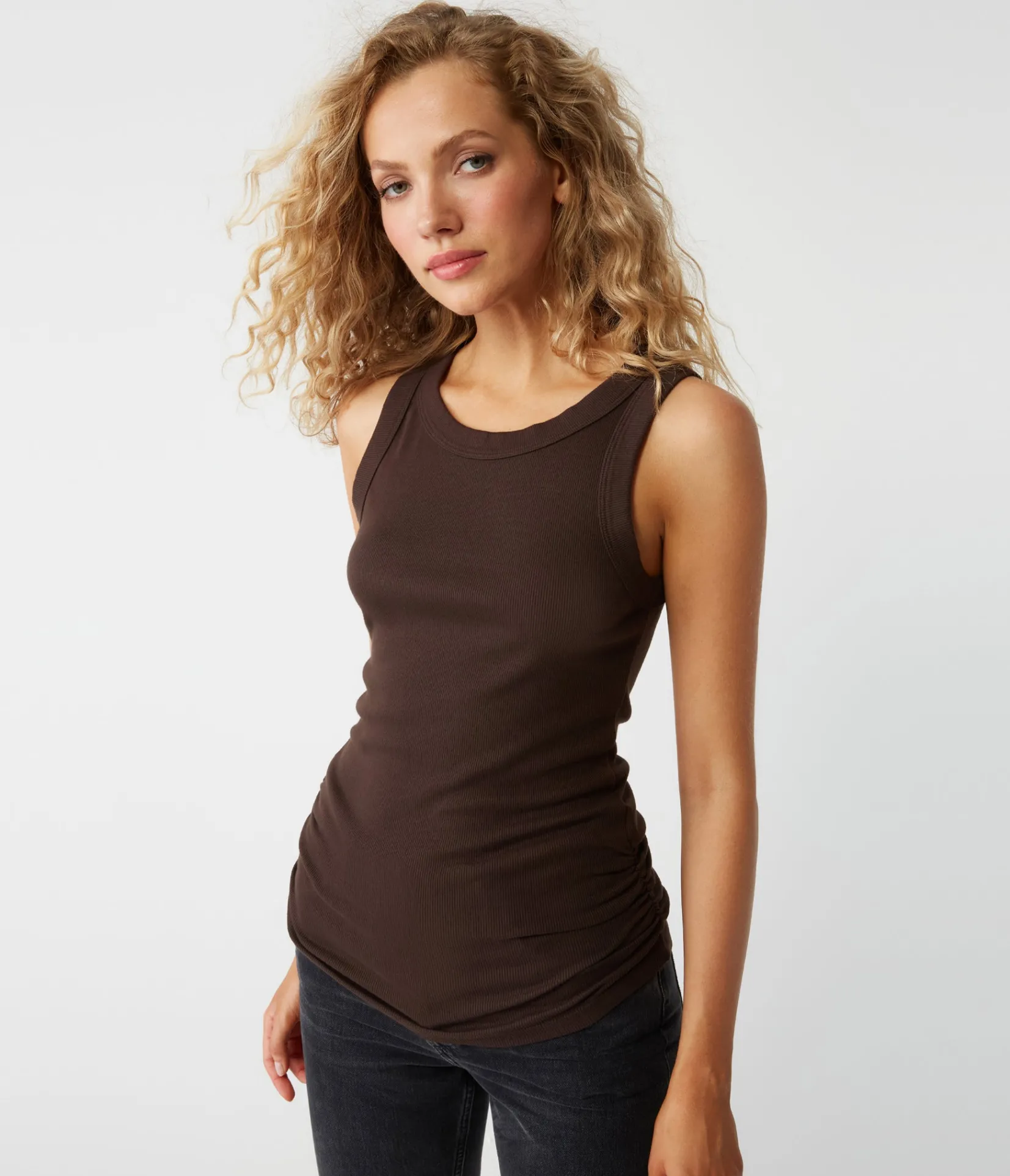 halley_ribbed_tank_with_ruching_48.webp Michael Stars Halley Ribbed Tank with Ruching- Tank Tops | Ultra Rib T-Shirts