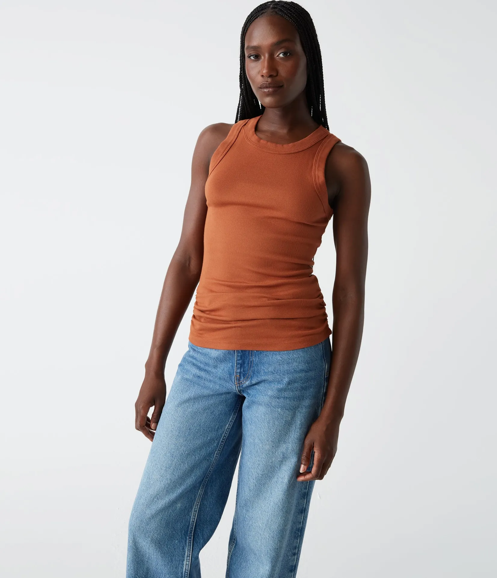 halley_ribbed_tank_with_ruching_56.webp Michael Stars Halley Ribbed Tank with Ruching- Tank Tops | Ultra Rib T-Shirts