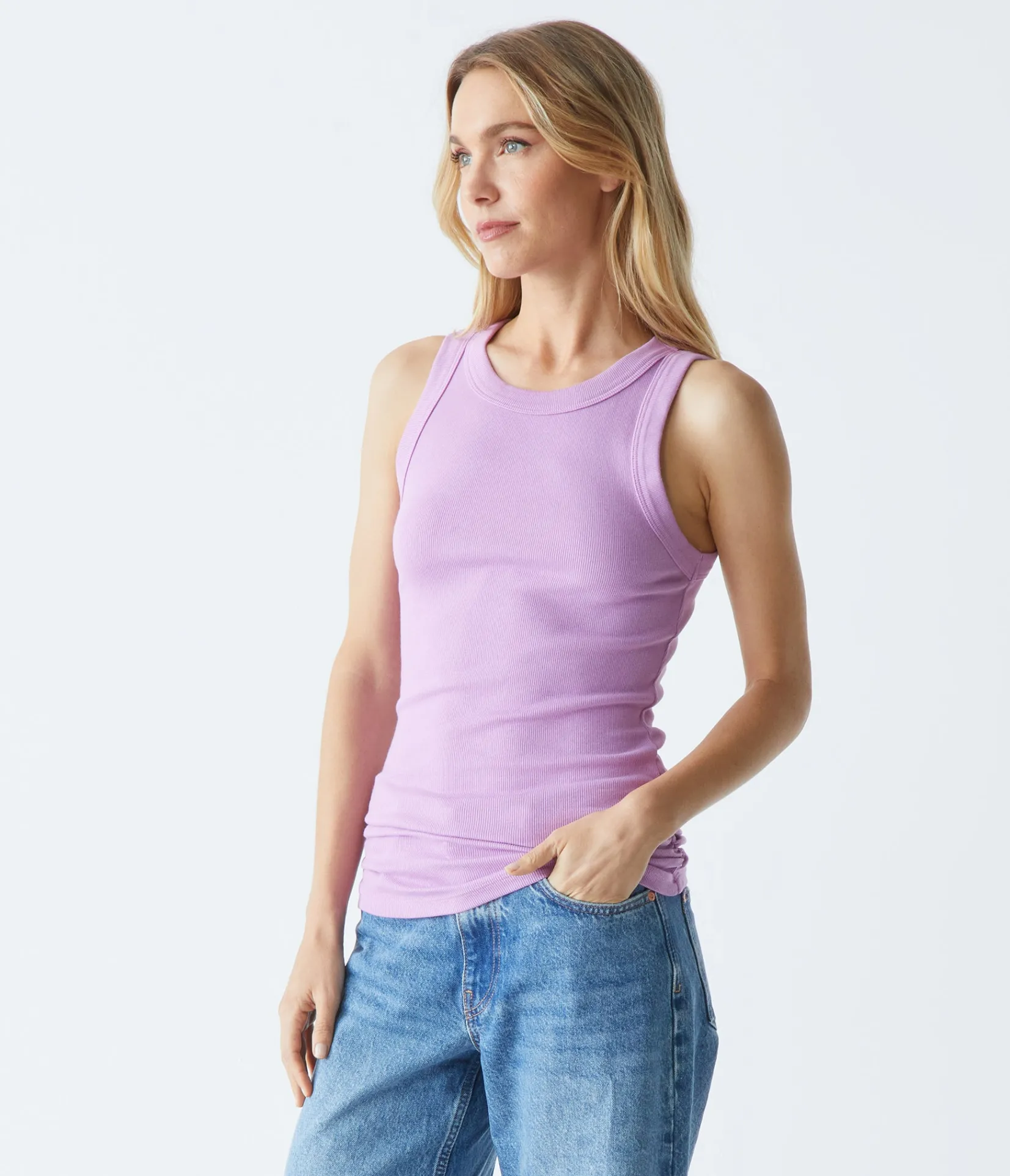halley_ribbed_tank_with_ruching_66.webp Michael Stars Halley Ribbed Tank with Ruching- Tank Tops | Ultra Rib T-Shirts