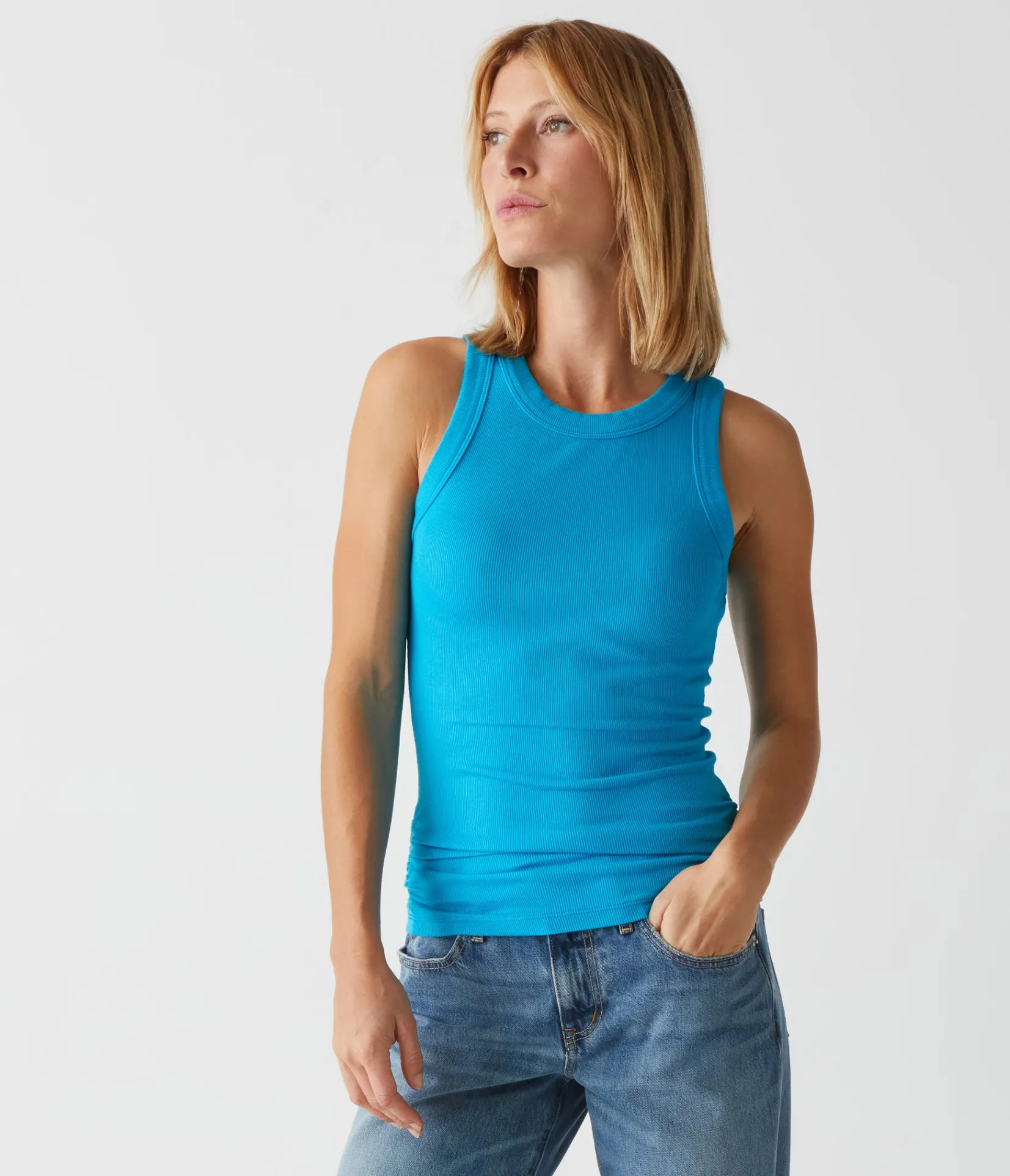 halley_ribbed_tank_with_ruching_78.webp Michael Stars Halley Ribbed Tank with Ruching- Tank Tops | Ultra Rib T-Shirts