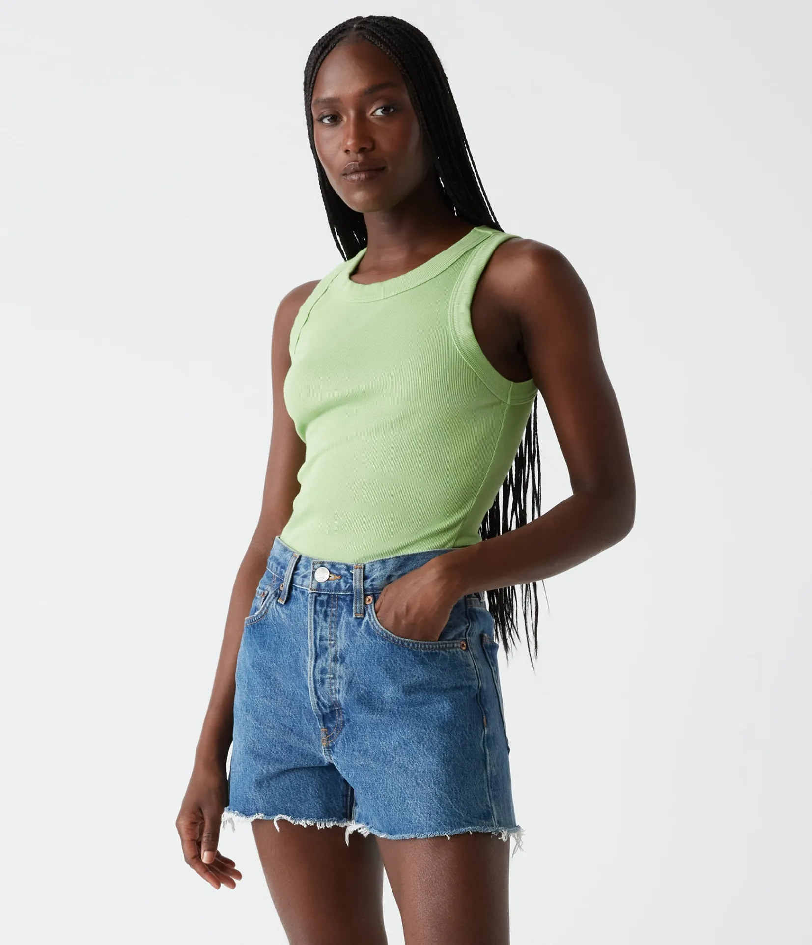 halley_ribbed_tank_with_ruching_90.webp Michael Stars Halley Ribbed Tank with Ruching- Tank Tops | Ultra Rib T-Shirts