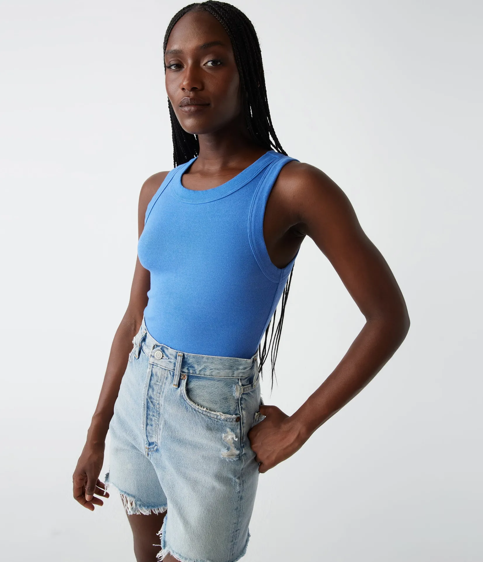 halley_ribbed_tank_with_ruching_96.webp Michael Stars Halley Ribbed Tank with Ruching- Tank Tops | Ultra Rib T-Shirts