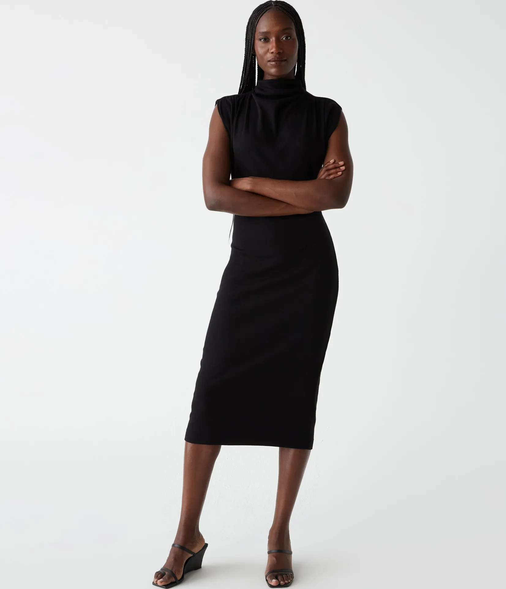 iolanda_power_shoulder_dress_1.webp Michael Stars Iolanda Power Shoulder Dress- Dresses | Midi Dresses