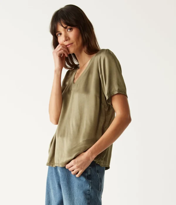 Michael Stars Jodi Satin V-Neck Top- Tops, Blouses & Shirts