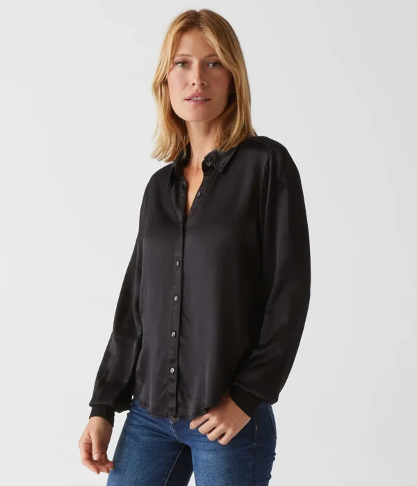 Michael Stars Meredith Satin Button Down Shirt- Tops, Blouses & Shirts