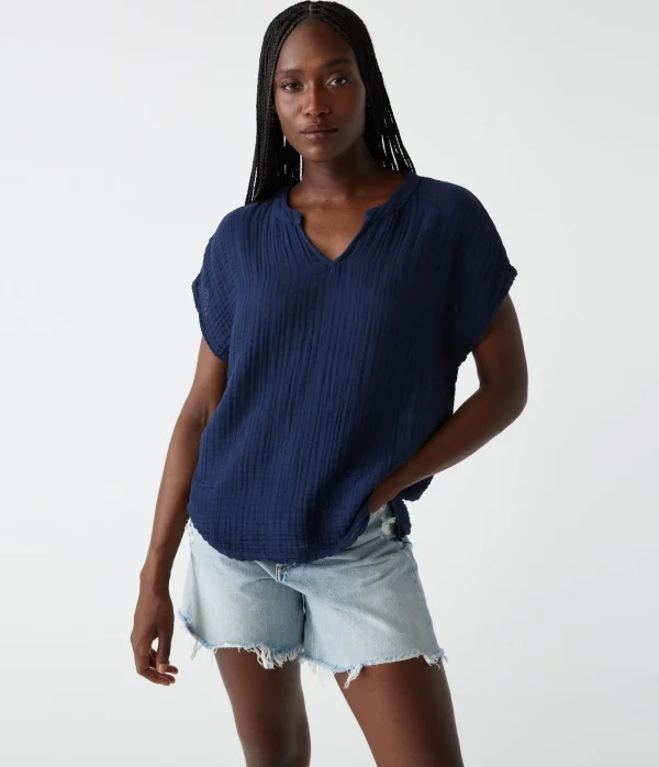Michael Stars Naomi Split Neck Top- Tops, Blouses & Shirts
