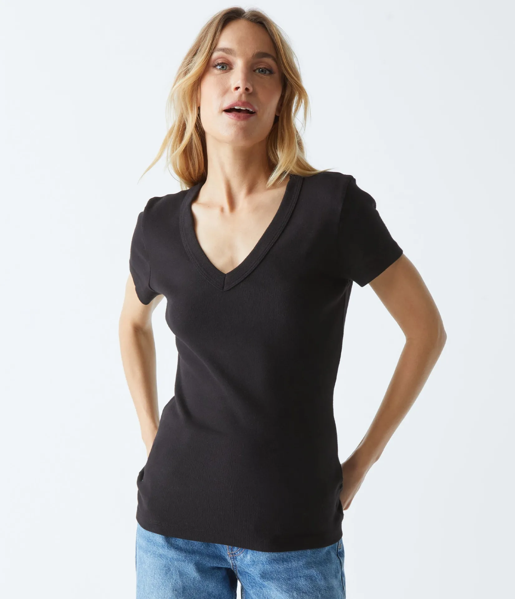 nikki_vneck_tee_4.webp Michael Stars Nikki V-Neck Tee- T-Shirts | 1x1 Cotton T-Shirts