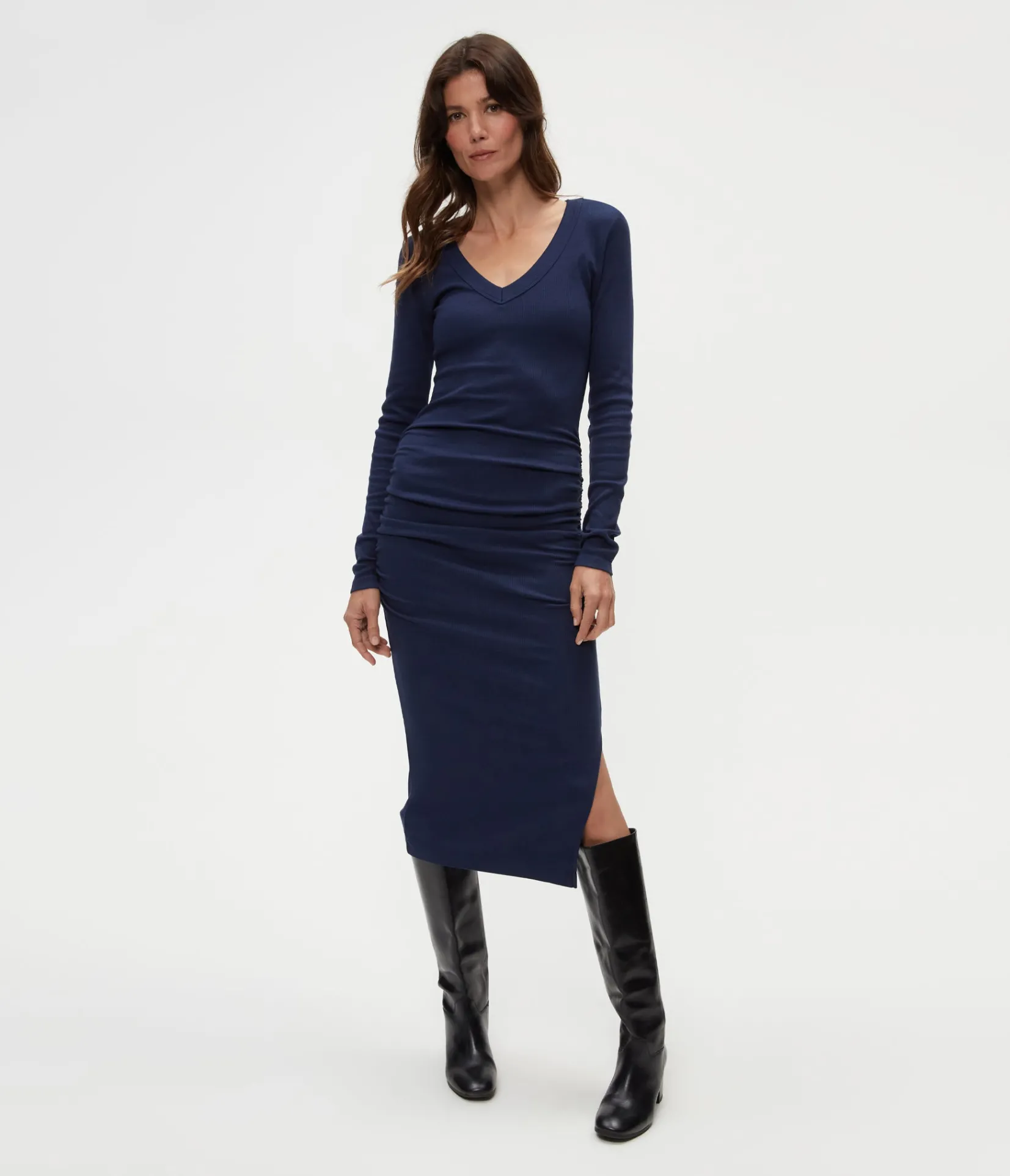 nova_ribbed_vneck_dress_0.webp Michael Stars Nova Ribbed V-Neck Dress- Dresses | Knee Length Dresses