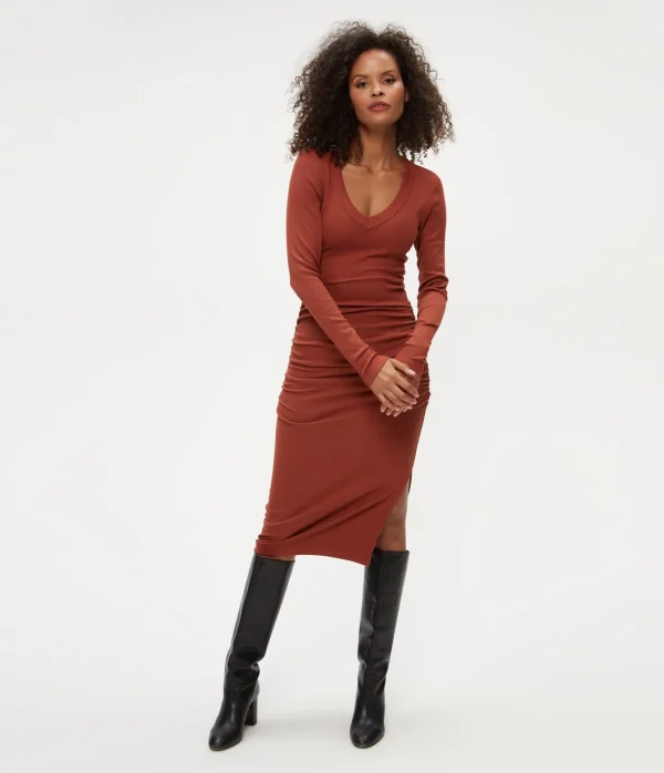Michael Stars Nova Ribbed V-Neck Dress- Dresses | Knee Length Dresses