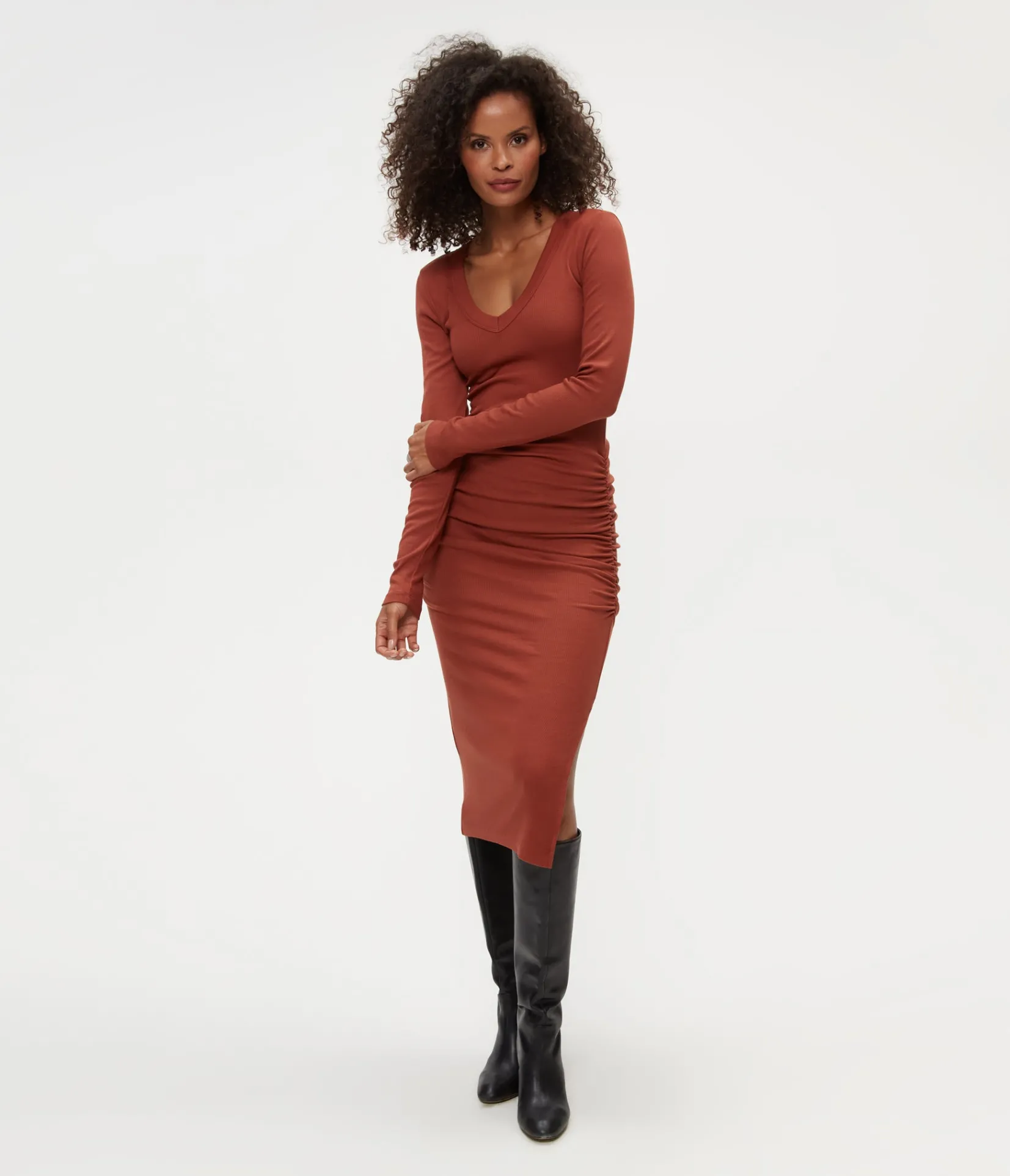 nova_ribbed_vneck_dress_13.webp Michael Stars Nova Ribbed V-Neck Dress- Dresses | Knee Length Dresses