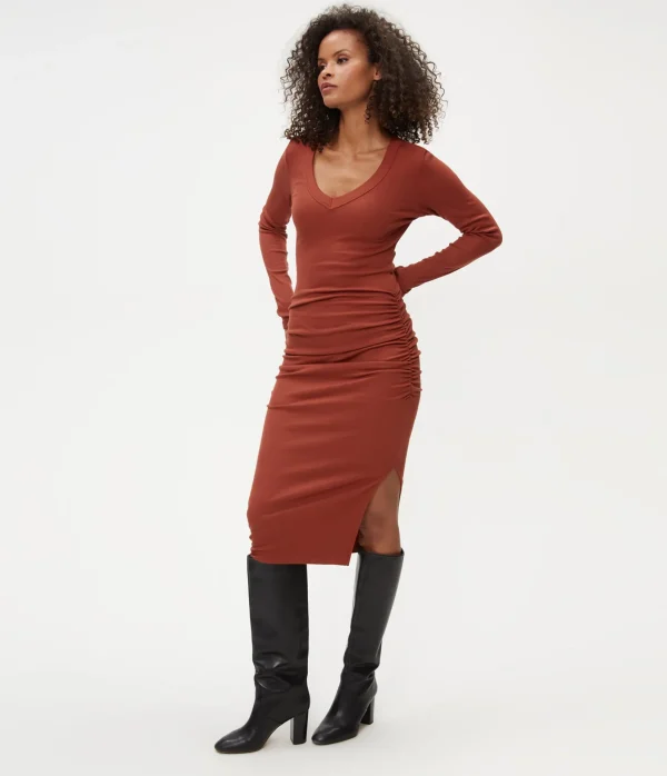 Michael Stars Nova Ribbed V-Neck Dress- Dresses | Knee Length Dresses