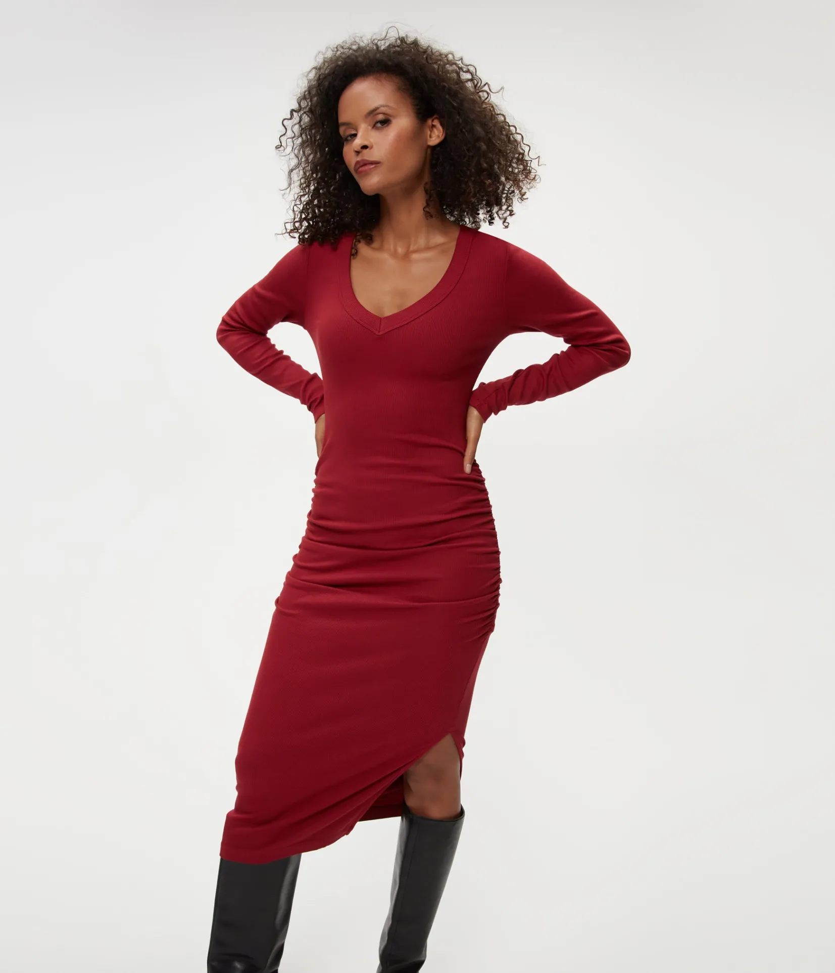 nova_ribbed_vneck_dress_16.webp Michael Stars Nova Ribbed V-Neck Dress- Dresses | Knee Length Dresses