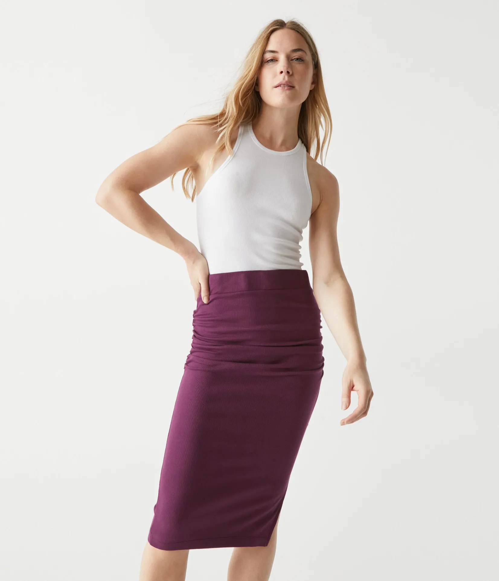 rae_ribbed_skirt_with_slit_19.webp Michael Stars Rae Ribbed Skirt with Slit- Pants, Shorts & Skirts
