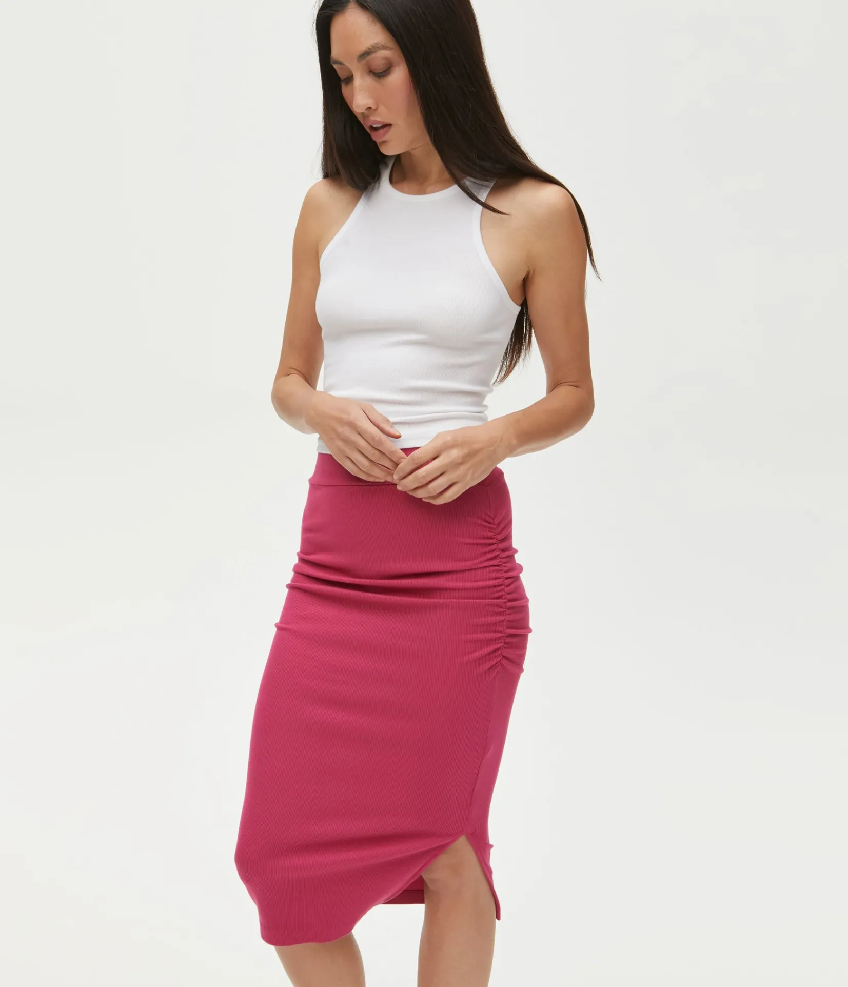 rae_ribbed_skirt_with_slit_23.webp Michael Stars Rae Ribbed Skirt with Slit- Pants, Shorts & Skirts