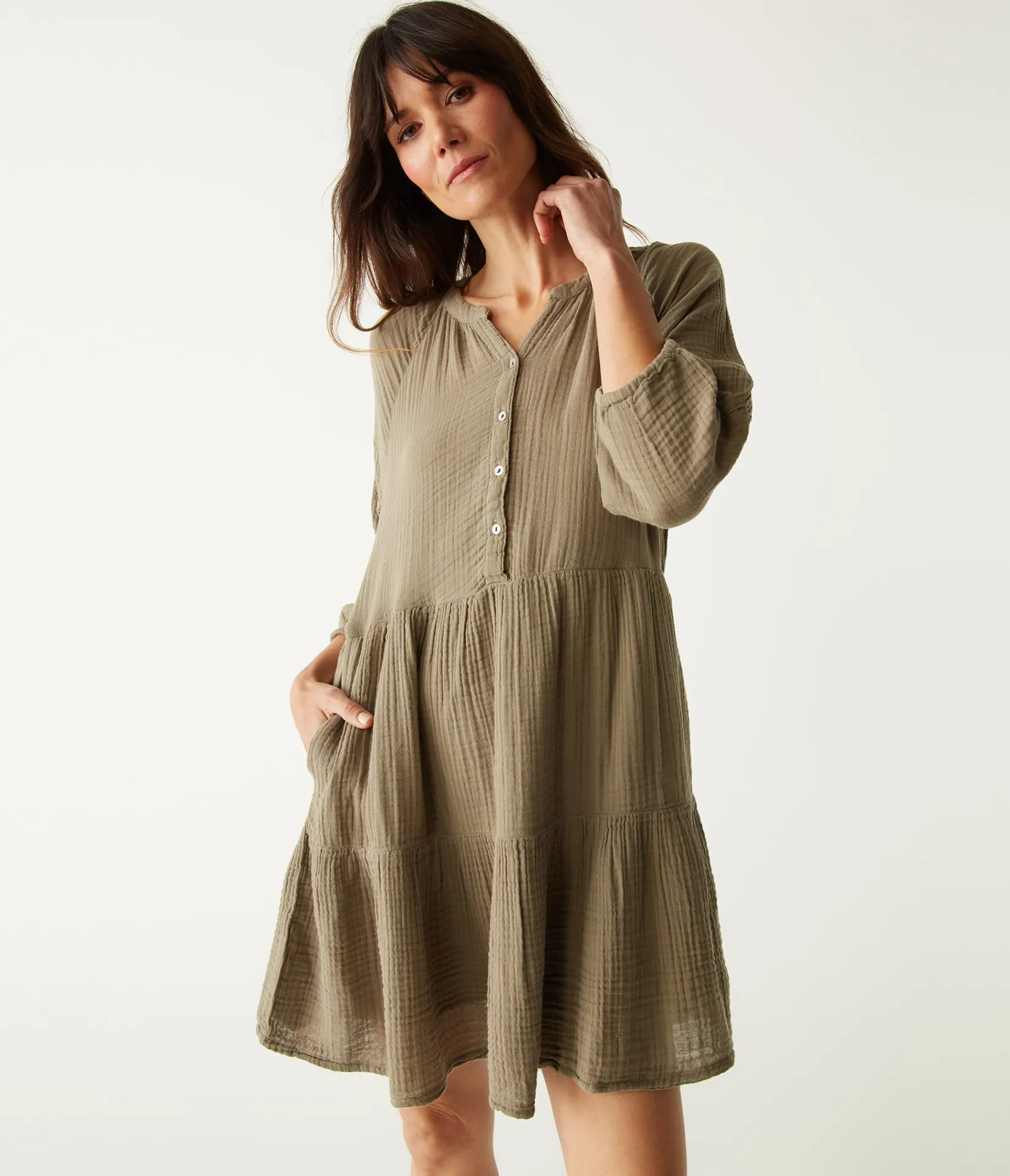 sonia_tiered_gauze_dress_4.webp Michael Stars Sonia Tiered Gauze Dress- Dresses | Knee Length Dresses